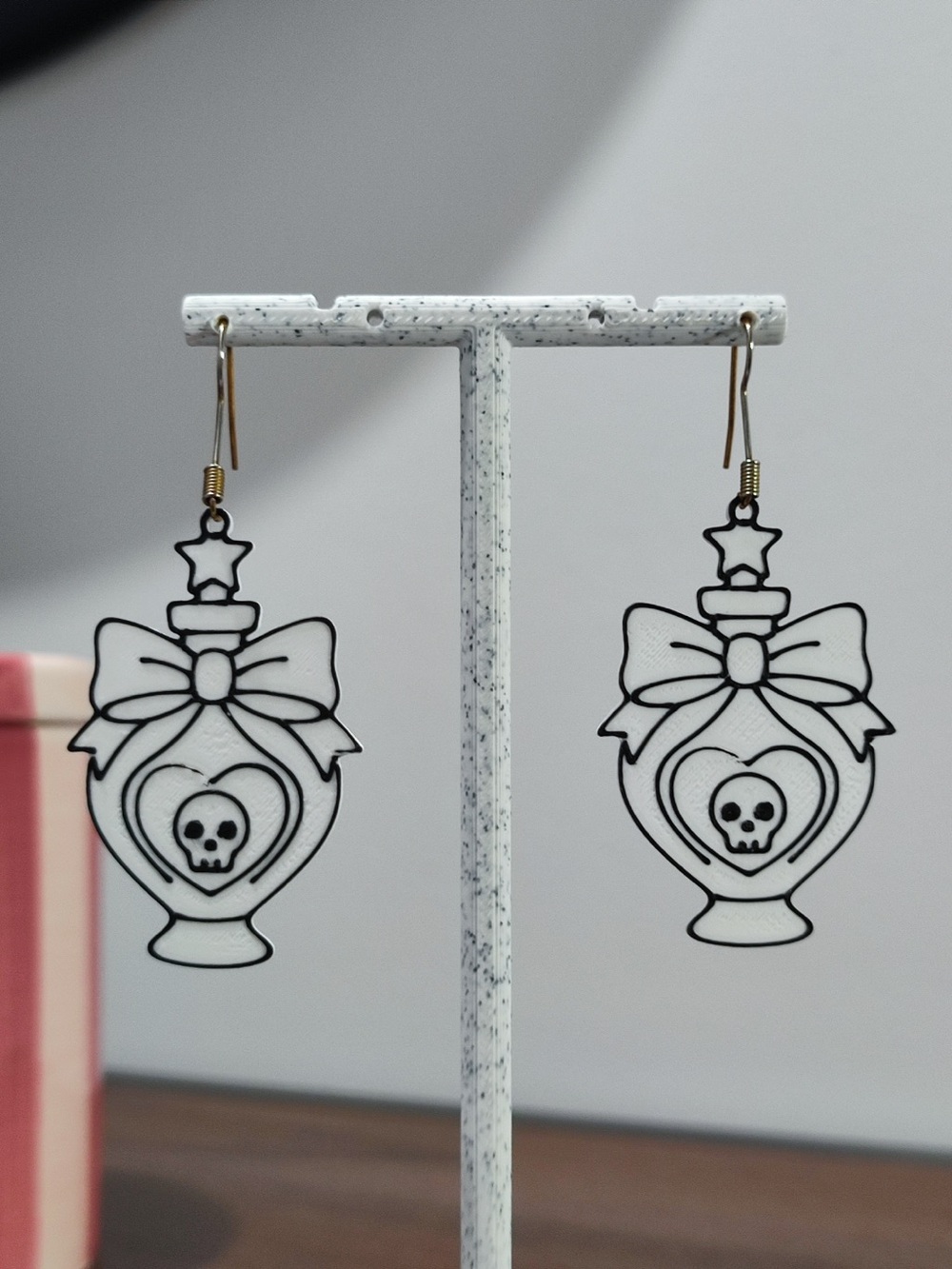 Delicate Black & White Skull Heart Dangle Earrings - Women Jewelry